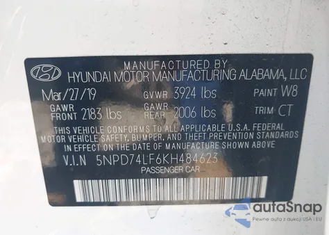 2019 Hyundai Elantra Se z USA, uszkodzony, nr VIN 5NPD74LF6KH484623
